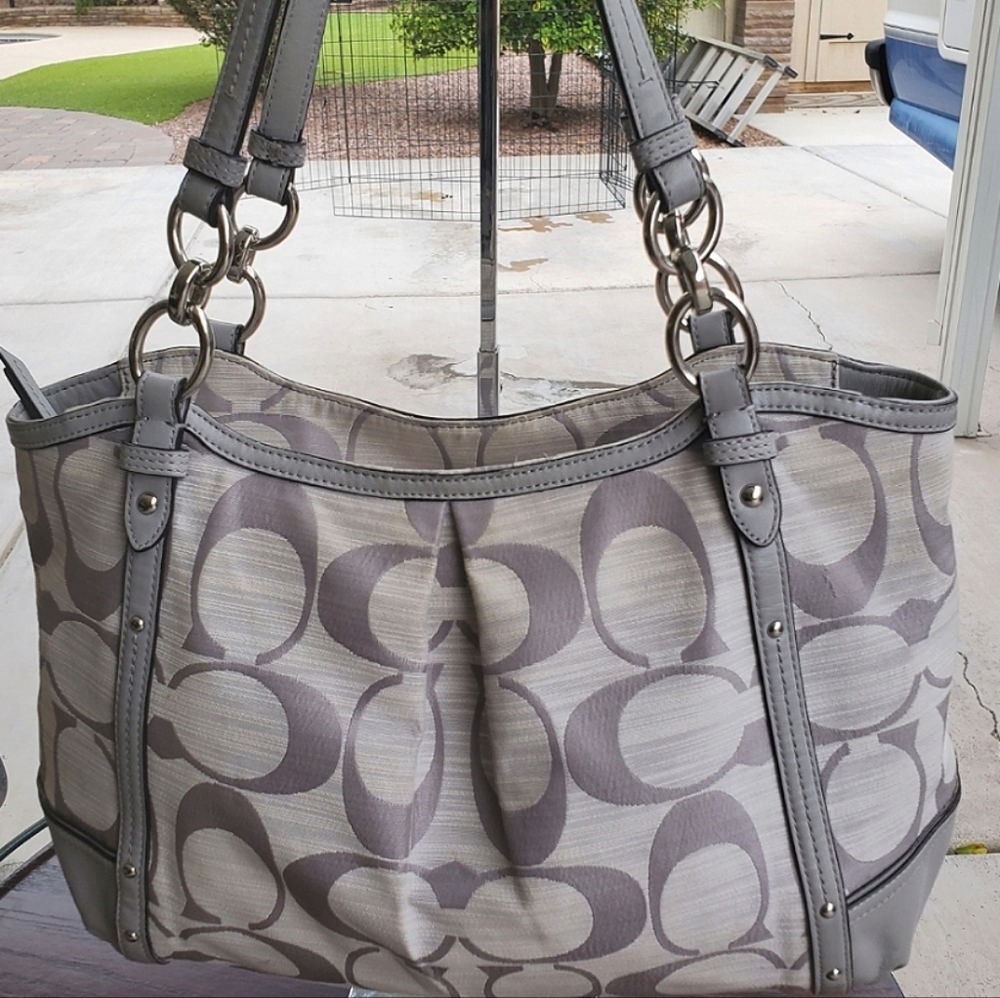 Coach Signature F21919 Alexandra Chain Canvas Leather Gray Shoulder Tote Bag Med - Picture 16 of 16